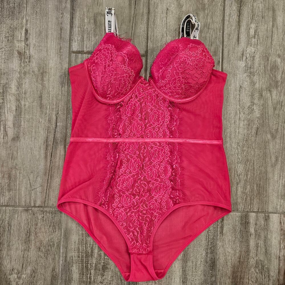 Juicy Couture Bodysuit Womens Size XL Pink Sexy‎ Push Up Lace Mesh Lingerie Y2K